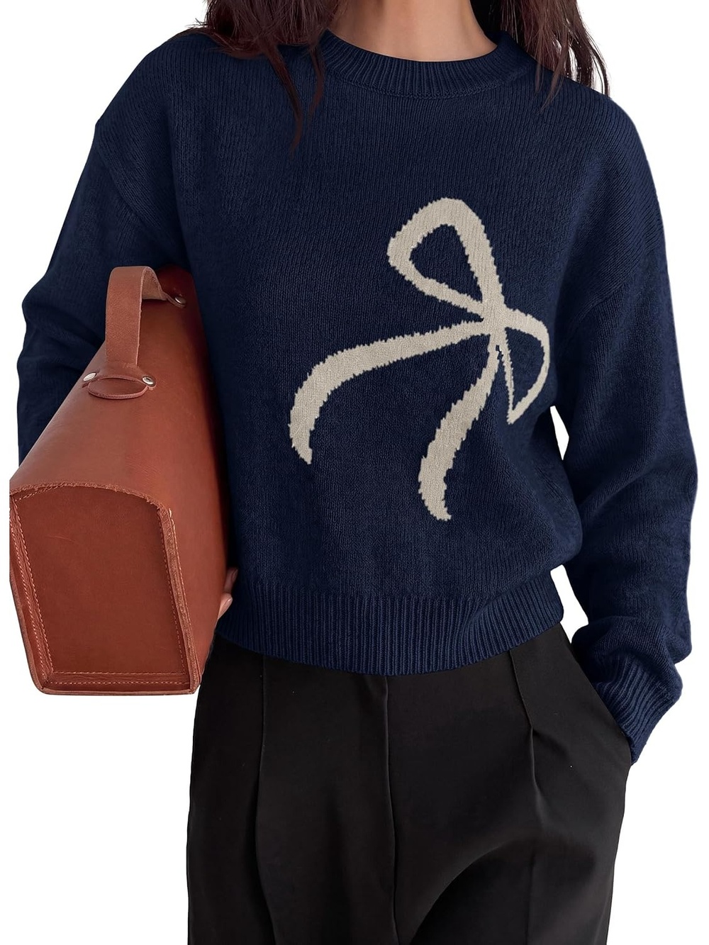 🆕 Women's Navy Crewneck Long Sleeve Bow Knit Cozy Relaxed Pullover Sweater